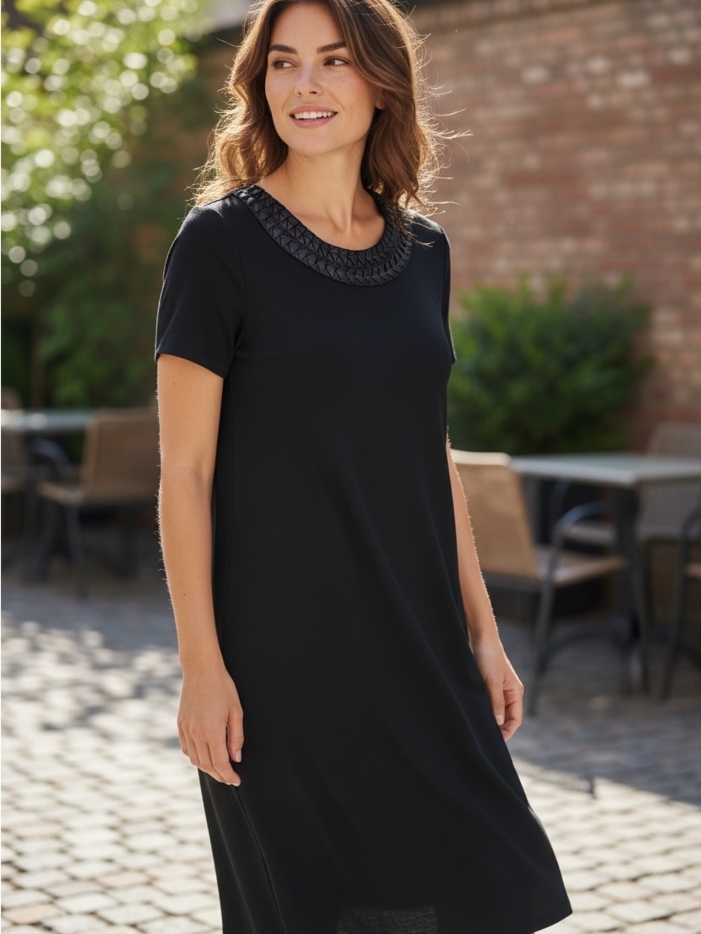 Karen Kane Black Knit Dress with Braided-Neck Detail size Small
